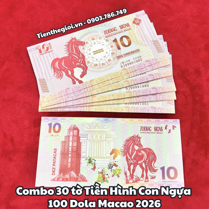 Combo 30 Tiền Lì Xì 10 Dola Macao Hình Con Ngựa 2026